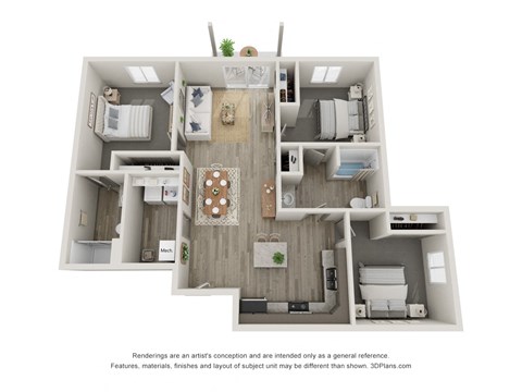 Floor plan for 3 beds, 2 baths, 1154 sqft